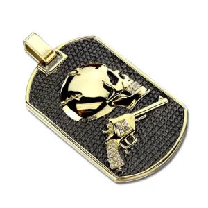 Anhänger Dog Tag mit Skull und Revolver gold aus Edelstahl Unisex