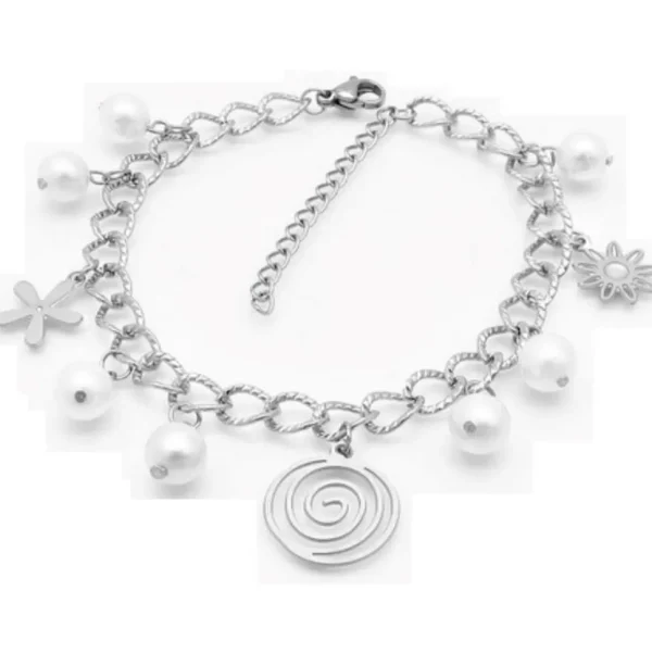 Bettelarmband Spirale, Perlen & Blümchen Silber aus Edelstahl Damen