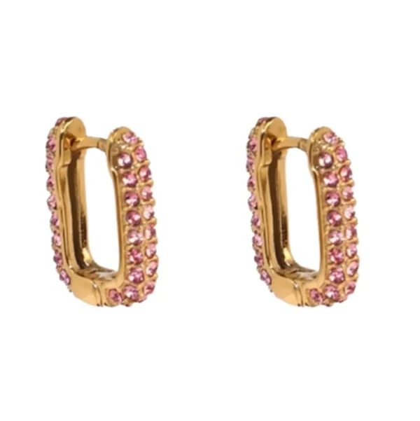 Creolen eckig mit rosa Kristallen gold aus Edelstahl Damen