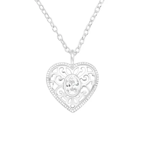 Kette mit Herz-Anhänger und ovalem Kristall aus 925 Silber