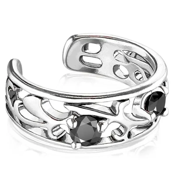 Ohrklemme verzweigte Ornamente und schwarze Kristalle silber aus Messing