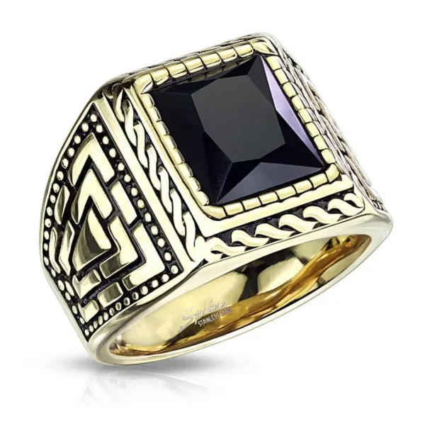 Siegelring klassisch gold mit schwarzem Onyx Stein aus Edelstahl Unisex